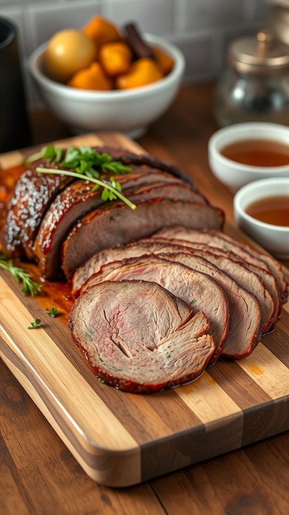 Oven-Braised 8 lb Brisket Recipe Sliced oven-braised brisket on a cutting board with herbs and roasted vegetables.